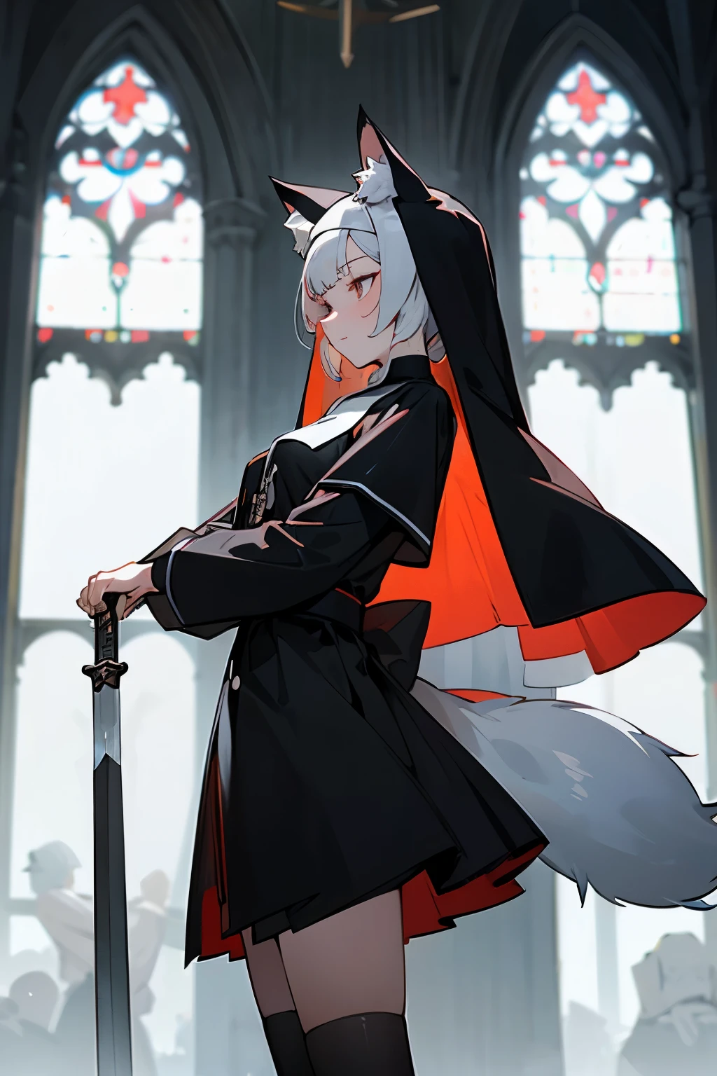 young woman ,height 155 centimeters ,breast size 3 ,, fluffy ears with black tips ,white tail with black tip ,fox ,Someone ,cat , skirt ,stockings ,topic ,cat ears ,small ears ,Black Ear Tips,black tip of the tail , black ears ,черный foxий хвост ,two knives in hands , Two daggers in hand , two swords in hands ,skinny legs, monastic , a nun , church .Prayer,Prays,gray hair