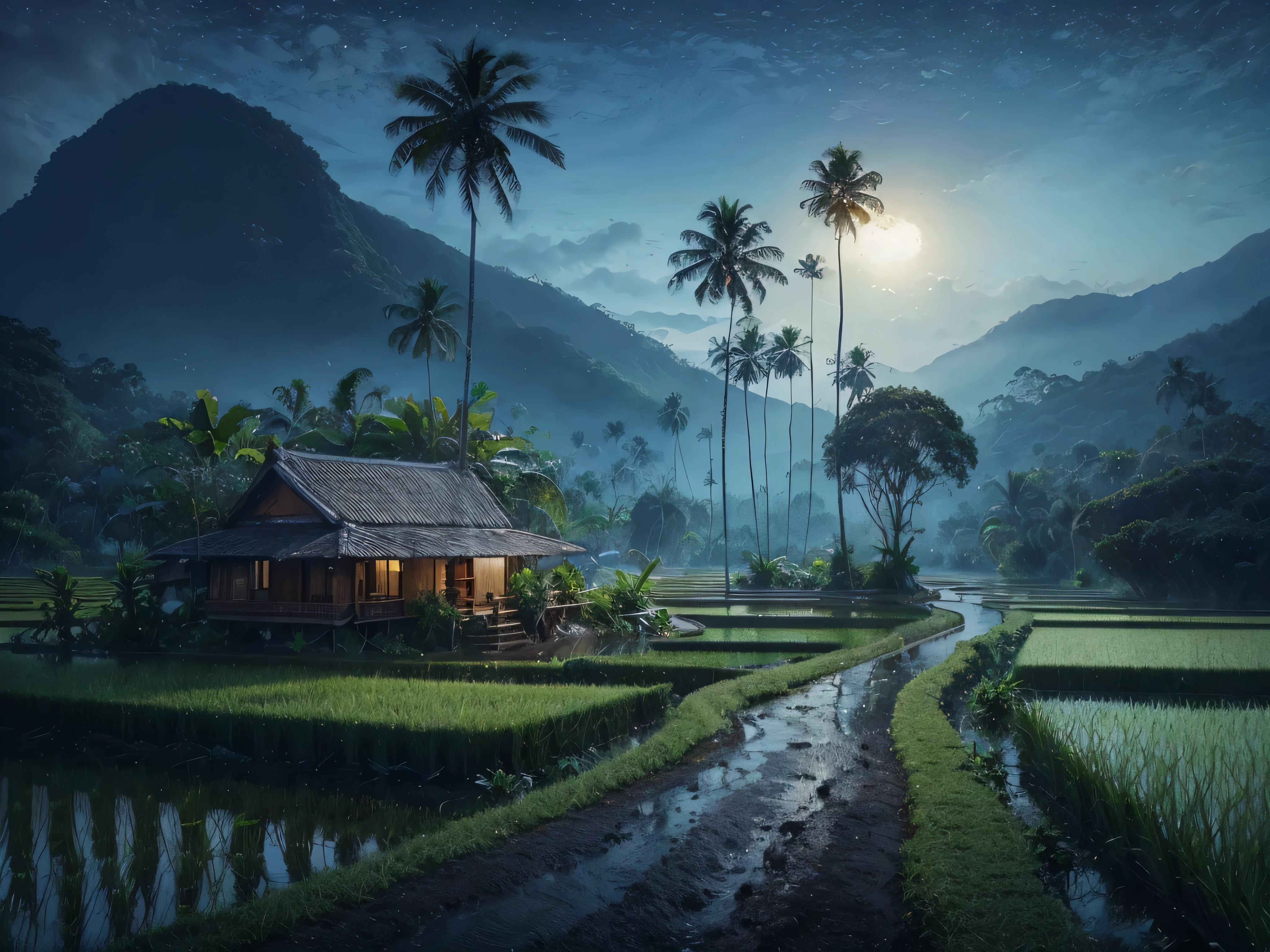 views of rice fields, hills, coconut trees, big trees, houses on the edge of the rice fields, people planting rice, rivers, rocks, majestic clouds, tropical plants and flowers in the foreground, inspired by oil painting, impressionist, wet on wet technique, color old painting