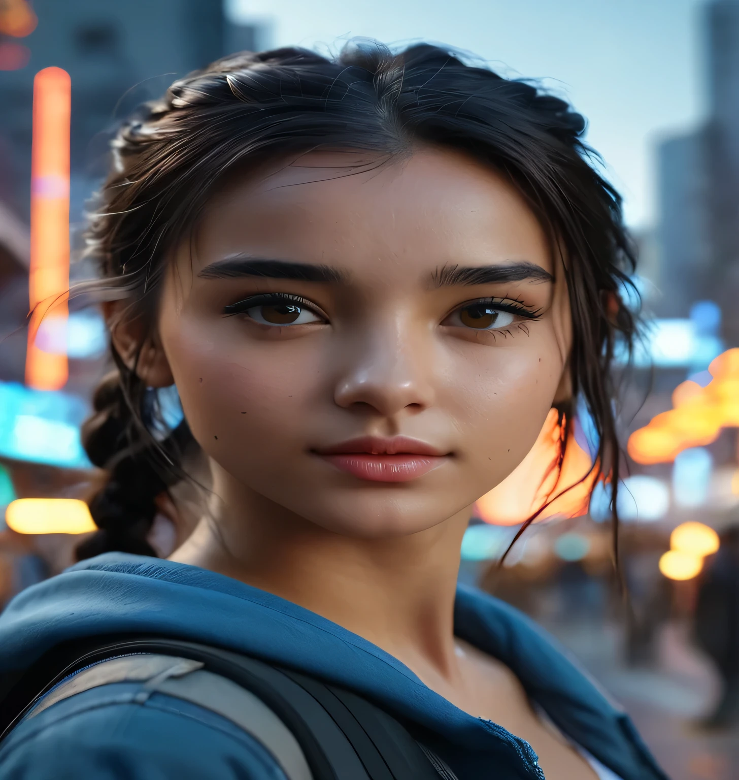 (8K, RAW Photo, Best Quality, Masterpiece: 1.2), (Realistic, Realistic: 1.37), 1 Girl, City Background, Avatar .50MM LENS