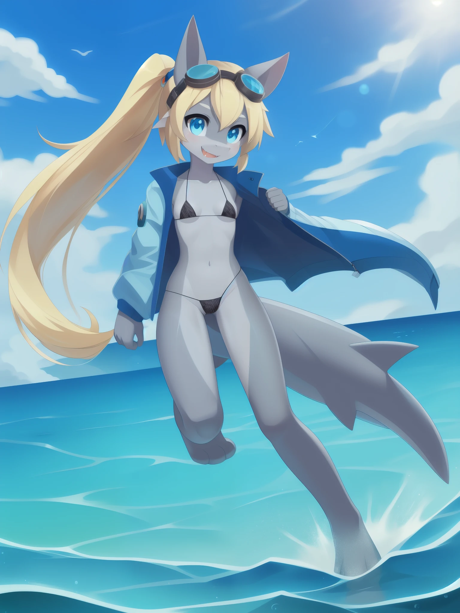 Shark girl, anthro, young, cute hair, long ponytail, blonde hair, blue eyes, medium breasts, detailed body, furry ears, shark nose, ((goggles, blue jacket, open clothes, black micro bikini)), masterpiece, looking at you, two tone body skin, gray body skin, clear gray body skin, detailed face, detailed eyes, detailed body, perfect lighting, perfect shadows, perfect eyes, perfect hair, perfect face, gorgeous body, detailed hands, glistering body, shiny body, skinny, spectacular effect, beach, clear sky, fangs, :3, full body, feets with three toes, control of water magic, water power, water, action: water control magic, water particles,