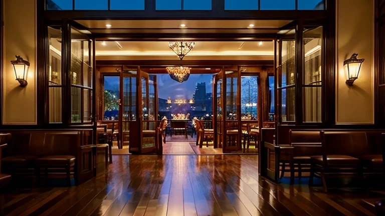 create the image of a cozy restaurant, with tables and a grand piano in the center, with a large glass window in the background where the rain and city lights can be seen clearly. ultra realistic image, 4k