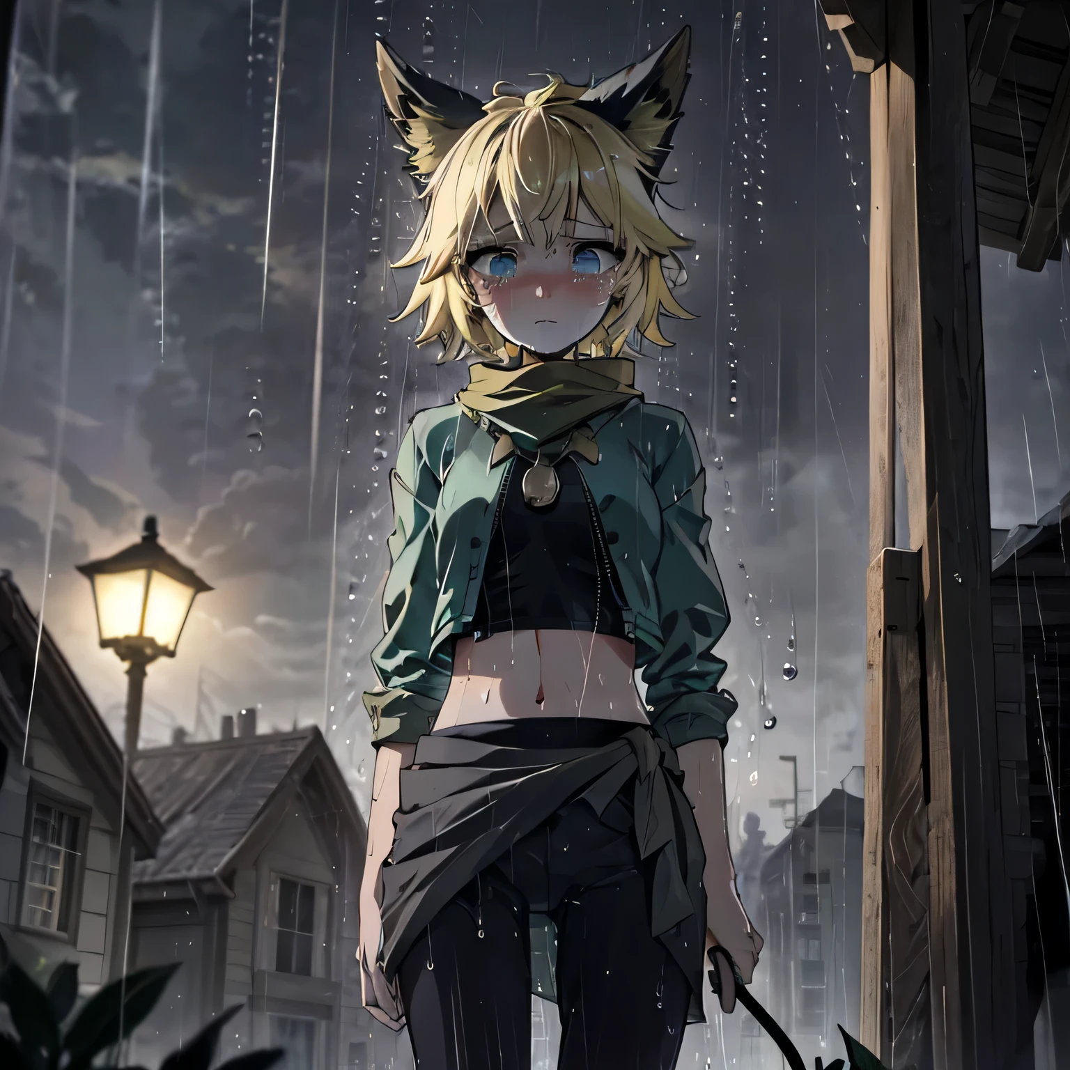 Joy_mlbb,1girl,short hair,blonde,animal ears,tail,midriff,navel, 1 girl, funeral, it is raining heavily, she is standing in the rain, crying, holding back tears, looking down, hair near her face, gray colors, cloudy, sad, melancholy, depression, high resolution, ray tracing , background blur, anime, anime style, precision, masterpiece, 8K, very detailed, high detail, best quality, ultra high precision, creating a poignant and emotional scene, (melancholic:1.2), (gloomy atmosphere:1.1), (sad expression: 1.2), (Teary Eyes), (soft lighting:1.1), pastel colors:1.1), muted and restrained color palette, (loneliness:1.2), (hair blowing in the wind), (current:1.1), (rain:1.2), gentle rain, drops adding to the melancholy, holding tight, ( kawaii:0.8), a combination of sadness with a touch of cuteness, (introspective:1.1), wet, wet clothes