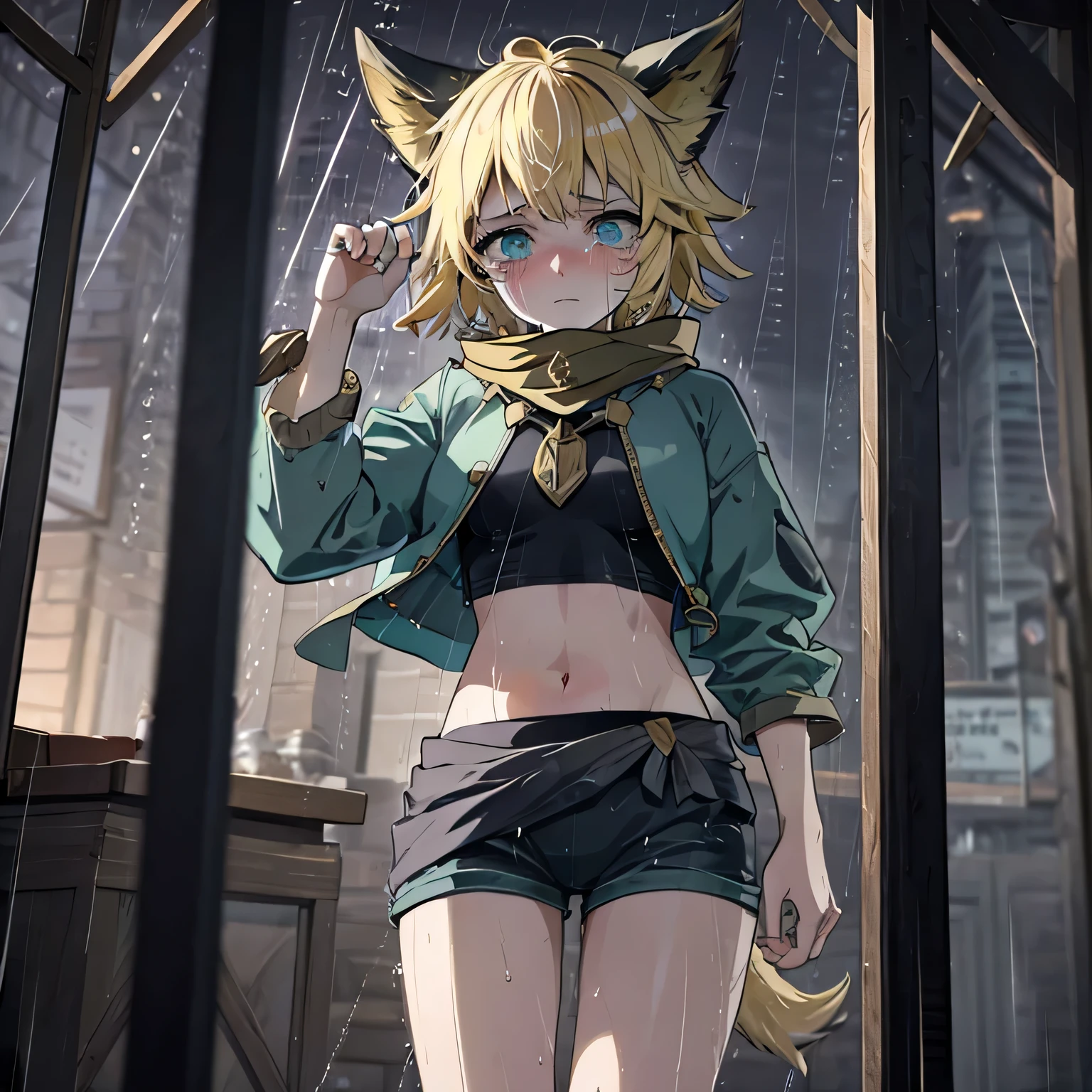 Joy_mlbb,1girl,short hair,blonde,animal ears,tail,midriff,navel, 1 girl, funeral, it is raining heavily, she is standing in the rain, crying, holding back tears, looking down, hair near her face, gray colors, cloudy, sad, melancholy, depression, high resolution, ray tracing , background blur, anime, anime style, precision, masterpiece, 8K, very detailed, high detail, best quality, ultra high precision, creating a poignant and emotional scene, (melancholic:1.2), (gloomy atmosphere:1.1), (sad expression: 1.2), (Teary Eyes), (soft lighting:1.1), pastel colors:1.1), muted and restrained color palette, (loneliness:1.2), (hair blowing in the wind), (current:1.1), (rain:1.2), gentle rain, drops adding to the melancholy, holding tight, ( kawaii:0.8), a combination of sadness with a touch of cuteness, (introspective:1.1), wet, wet clothes