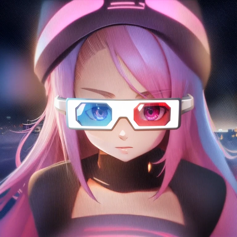 A playful anime girl with bouncing pink hair and virtual reality goggles, navigating through a digital wonderland filled with quirky AI creatures and fantastical landscapes.