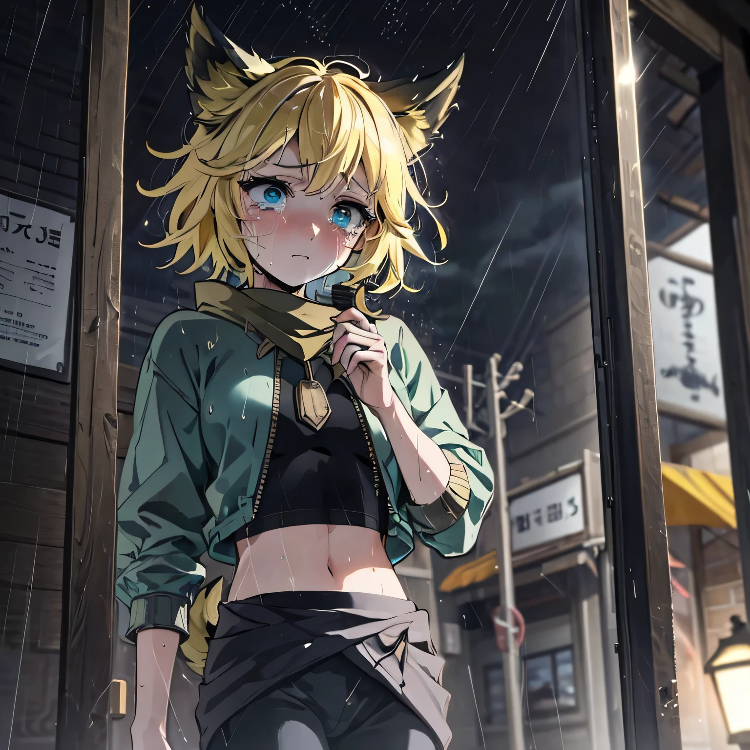 Joy_mlbb,1girl,short hair,blonde,animal ears,tail,midriff,navel, 1 girl, funeral, it is raining heavily, she is standing in the rain, crying, holding back tears, looking down, hair near her face, gray colors, cloudy, sad, melancholy, depression, high resolution, ray tracing , background blur, anime, anime style, precision, masterpiece, 8K, very detailed, high detail, best quality, ultra high precision, creating a poignant and emotional scene, (melancholic:1.2), (gloomy atmosphere:1.1), (sad expression: 1.2), (Teary Eyes), (soft lighting:1.1), pastel colors:1.1), muted and restrained color palette, (loneliness:1.2), (hair blowing in the wind), (current:1.1), (rain:1.2), gentle rain, drops adding to the melancholy, holding tight, ( kawaii:0.8), a combination of sadness with a touch of cuteness, (introspective:1.1), wet, wet clothes