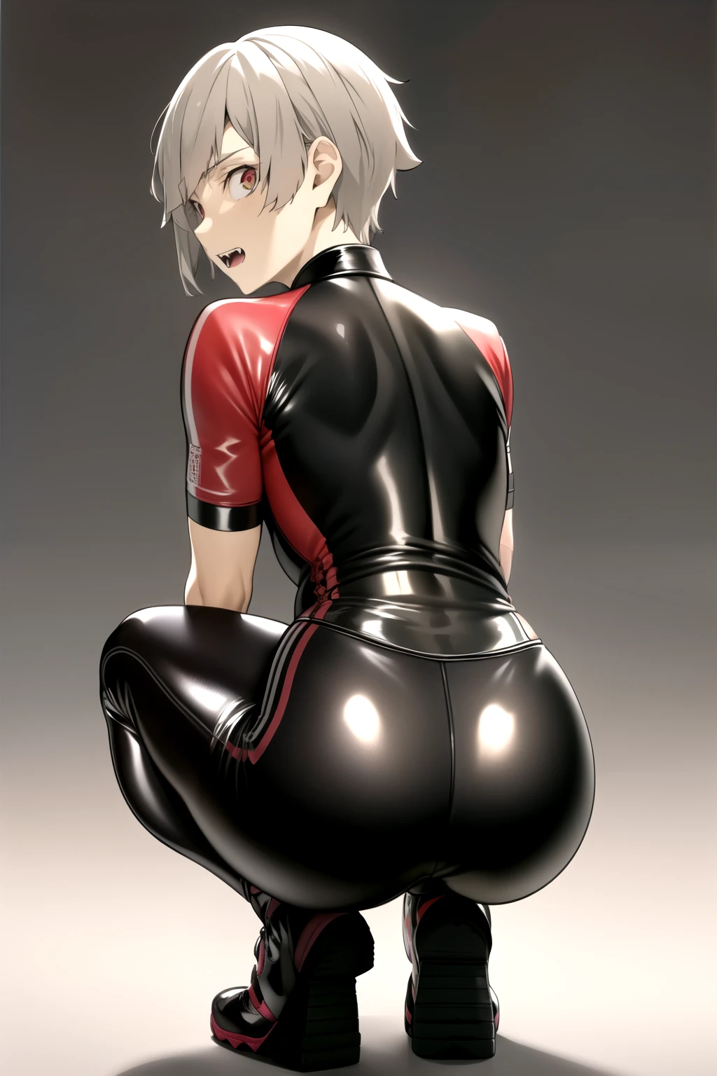 masterpiece, best quality, high quality, 1boy, solo, male focus, looking at viewer, nakajima_atsushi, grey hair, (latex sport uniform: 1.2), t-back side binding, de costas para o espectador, olhando para o espectador, de baixo, nadegas a mostra, squatting de costas, from behind, squatting, virilha exposta, sexual expression, fangs