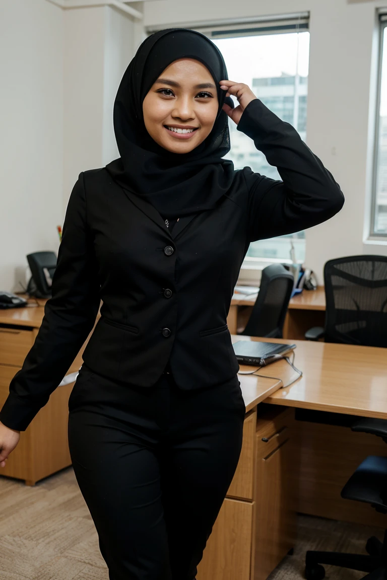 36 year old teenage malay woman with hijab,wearing office suit,tight pants, smiling closed mouth