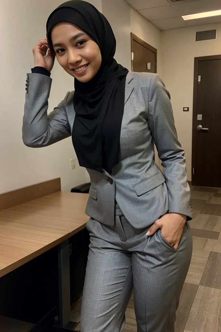 36 year old teenage malay woman with hijab,wearing office suit,tight pants, smiling closed mouth