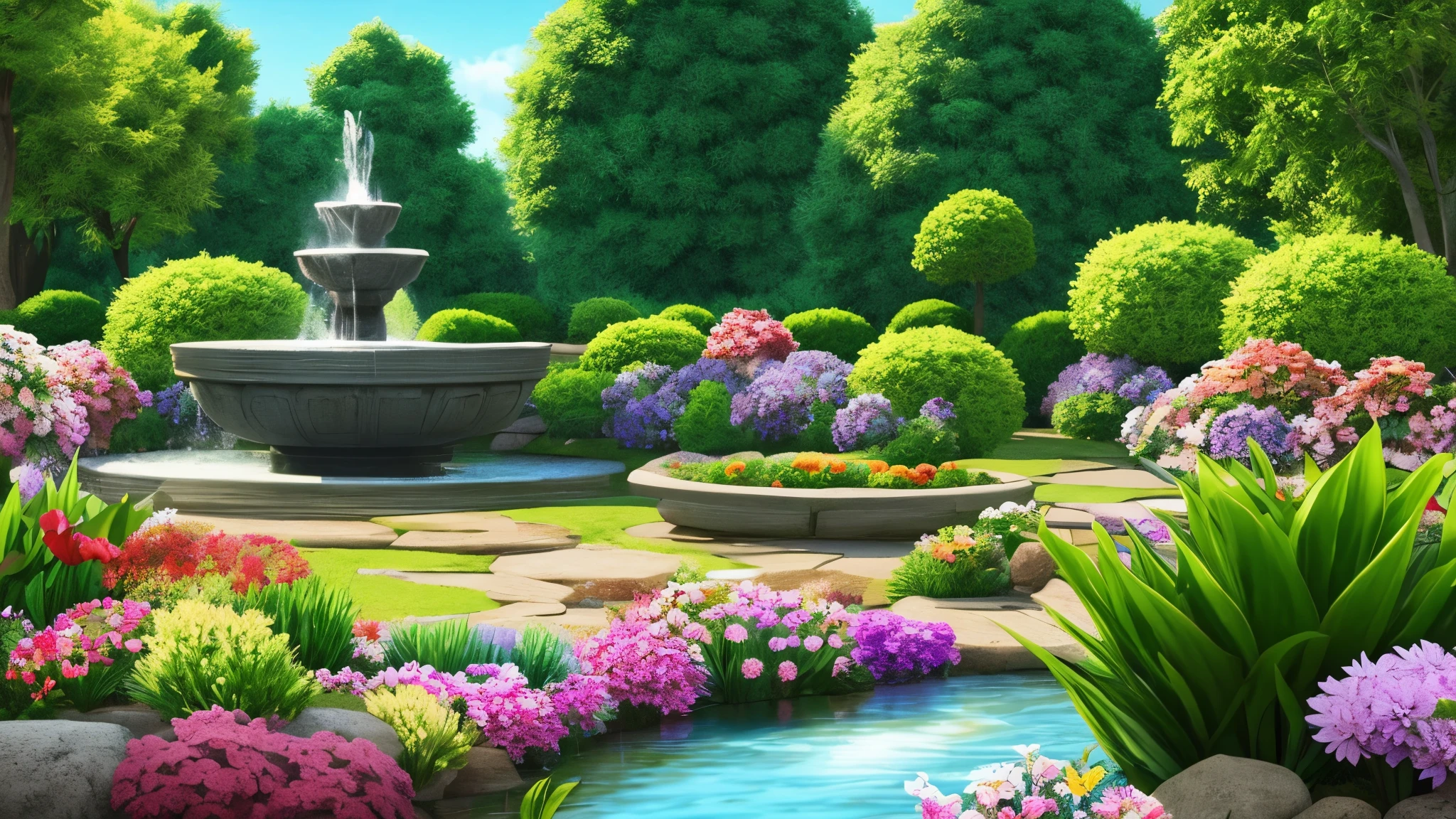 IMAGE OF A SETTING: A peaceful garden with flowers in full bloom and a calm water fountain.
 
HYPER REALISTIC STYLE, 8K, ULTRA HD, 16k, CINEMATOGRAPHIC, HIGHLY DETAILED 4D.