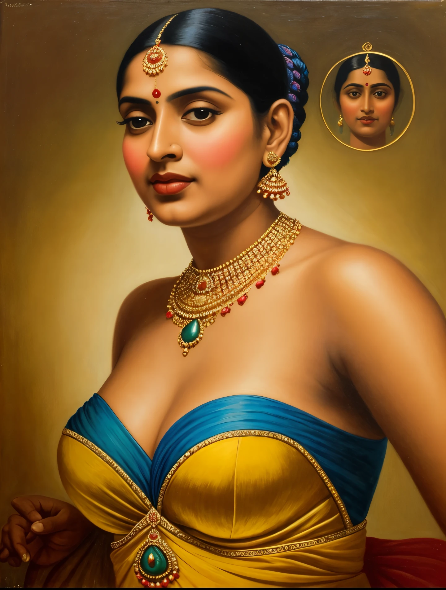 Masterpiece, painting of a woman in a blue dress with a red top and gold jewelry, inspired by Raja Ravi Varma, portrait of a beautiful goddess, by Raja Ravi Varma, a stunning portrait of a goddess, szukalski ravi varma, traditional beauty, indian goddess, beautiful goddess, portrait of modern darna, portrait of a goddess, goddess portrait, perfect body, proportional body, perfect body posture, masterpiece, Indian sensibility, exotic Indian art,