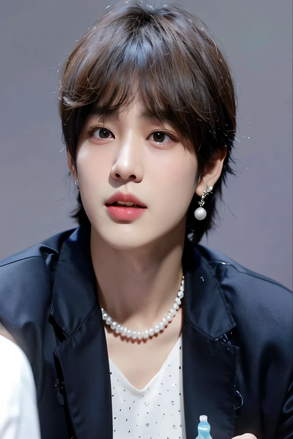 un primer plano de una persona con un collar de perlas y un traje, jungkook, Cai Xu Kun, hyung tae, taehyung comiendo papas fritas gucci, Mirada inocente, jinyoung shin, ironic smile, Jimin, taken in the early 2020s, pale korean adorable face, Jimin\los labios carnosos, sus ojos parecen sabios, young pale angel, jia