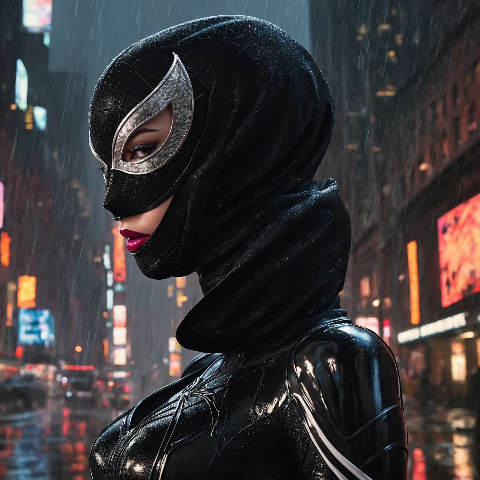 A hyperrealistic image, inspired by gothic art.

Subject:

    Spider-Gwen in a luxurious outfit, with a form-fitting black symbiote suit resembling a velvet bodysuit.
    The suit incorporates a turtleneck and a hood, seamlessly integrated with a pair of black gloves.
    Her face is obscured by a perfectly fitting mask that complements the hood.
    Her expression is feminine, radiating warmth and strength, hinting at her nurturing nature.
    She has a well-defined figure with a narrow waist and a full, rounded rear.
    A slight blush graces her cheeks as she leans in for a welcoming embrace, her posture inviting.

Setting:

    Extreme wide shot from a low angle, positioned about 10 feet away.
    The scene depicts a dark night in rainy New York City with a cybernetic atmosphere.

Additional details:

    Focus on hyper-realistic details and create an epic composition (SDXL checkpoint).
