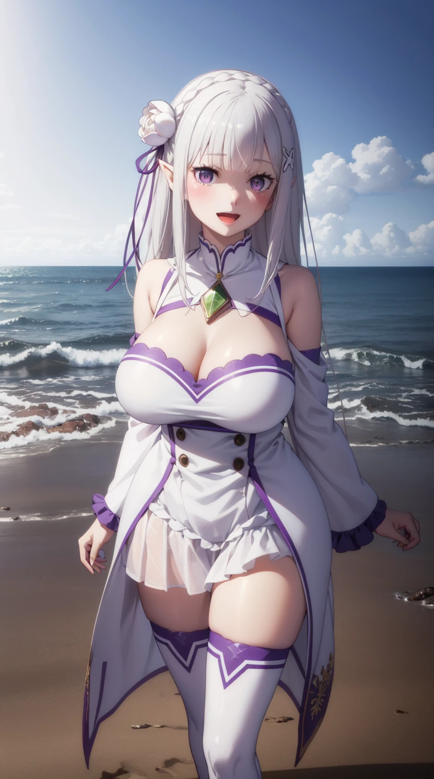 girl, solo, full body, from head to toe, beautiful body, perfect body, nice body, (Huge_Breasts:1.3),
standing in the beach,
phemilia, 1girl, solo, upper body, (ice:1.2), breasts, smile, looking at viewer, cleavage, detached sleeves, dress, frills, grey hair, frilled sleeves, white hair, long sleeves, white rose, blush, white dress, white thighhighs, gem, :d, open mouth, elf, rose, low-tied long hair, very long hair, head tilt, thigh boots,
official art, extremely detailed CG unity 8k wallpaper, perfect lighting, Colorful, (best_quality:1.0), ultra high res,4K, ultra-detailed, 8K, HDR, high resolution, absurdres:1.2, film grain, (vibrant_color:1.2), (narrow waist),