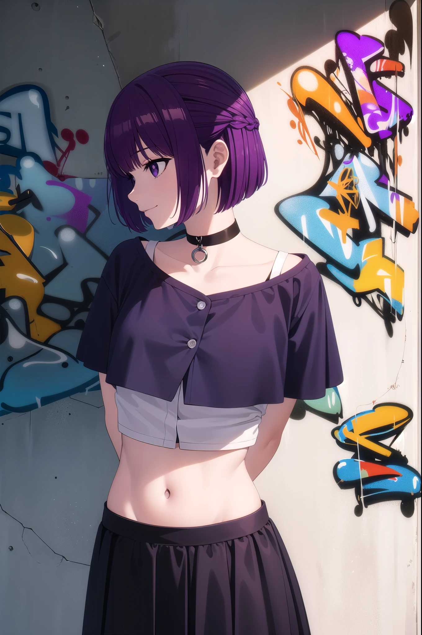 masterpiece, best quality, 1girl, solo, stylish crop top, smile, vibrant short purple hair, bobhair, short-hair, short bob hair, (((bobcut))), bob haircut, very short bob cut, lip length hair, blunt ends, pixie bob, buzzed nape ((haircut:1.3)), undercut, bobbed hair, minibob, sidecut, sidecut, shaved, purple eyes, graduation bob, straight short hair, short hair above the ears, Shot diagonally from the side, elegant braid, soft bangs, upper body, alluring choker, (graffiti:1.5), artistic paint splatter, seductive arms behind back, leaning against wall, exposed back, fashionable armband, urban hiphop style, flirty skirt, playful head tilt, intense expression, warm orange, dynamic asymmetrical design, bold geometric shapes, creative street art