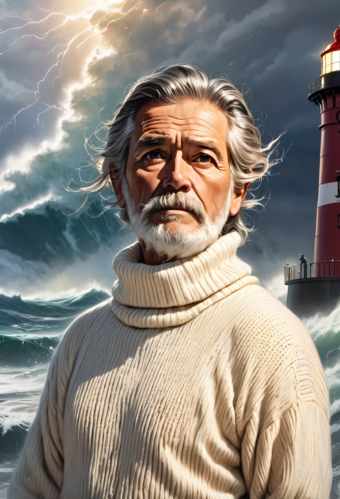 Harsh face image (Old fisherman:1.3), (Focus on the face:1.5), (storm:1.2), (Wave:1.3), Ocean, (lighthouse wallpaper:1.3), (Cowboy shooting:1.4), (White knit turtleneck sweater:1.3), Looking at the audience, actual, Masterpiece, Best quality, Backlight, (Lens flare:1.1), (Thrives:1.1), (Color difference:1.1), author：Jeremy Lipkin, By Antonio J. Manzanedo, number