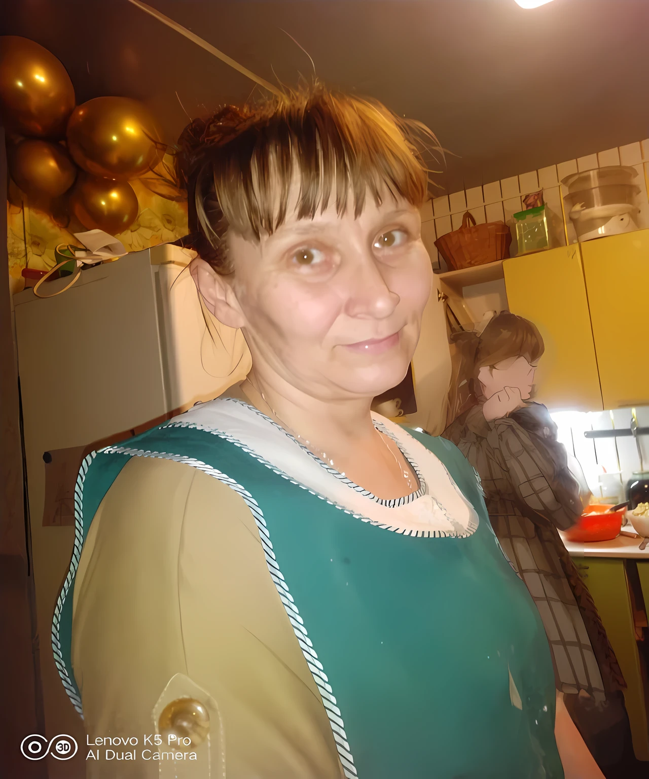 a woman stands in the kitchen with a cake, profile picture, There is a cake on the table, flat stretch ceiling, on the right hangs on the wall a plasma TV turned on to a TV channel with cartoons, woman in sexy evening dress