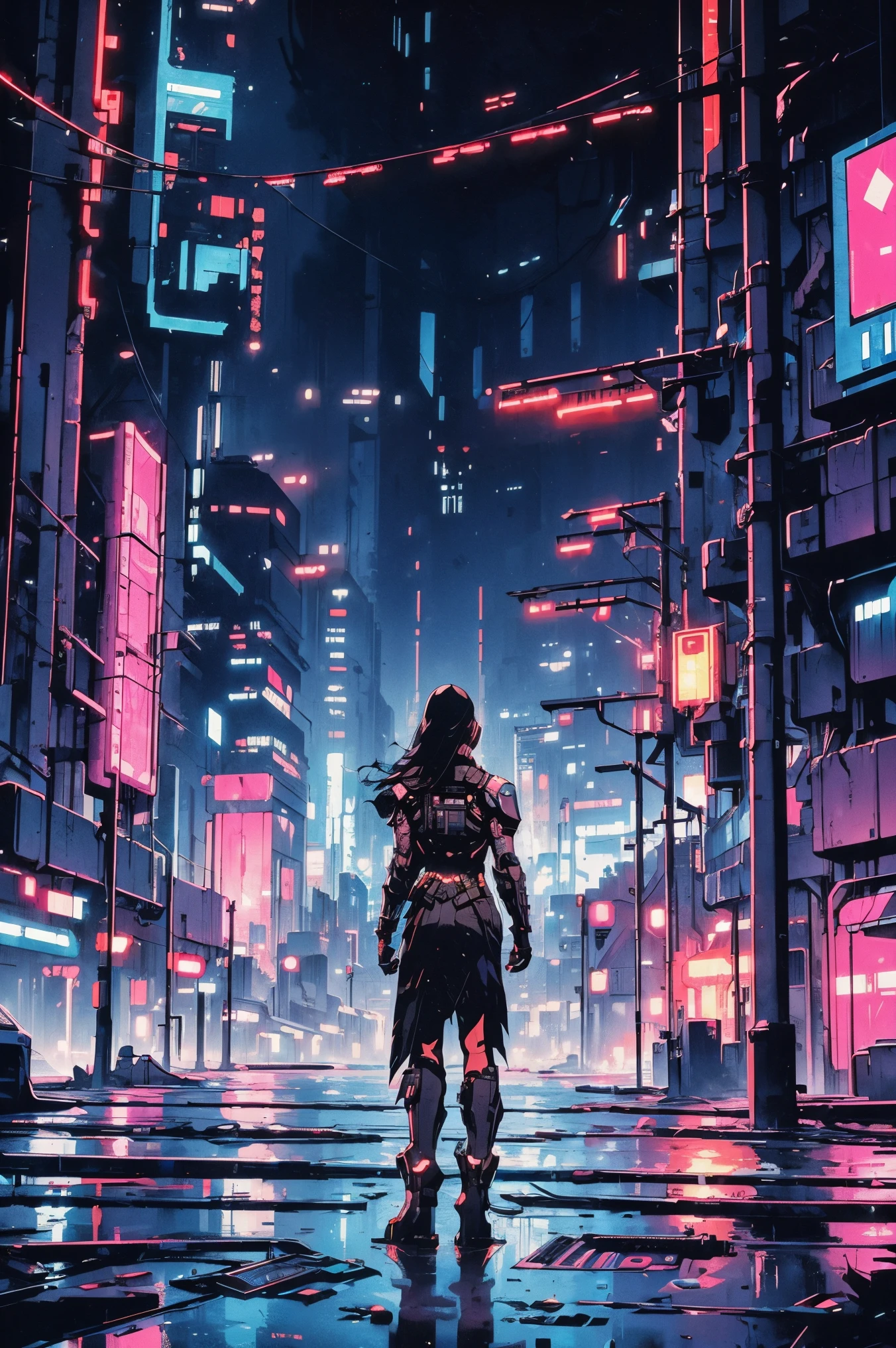 ((Cyberpunk future)), image of the center of a cyberpunk city, surrounded by buildings with a river in the middle, ferry in the city, yellow ferry, point crossing the city, advertising signs everywhere, retro future