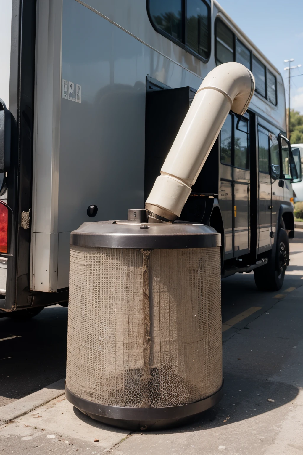((Cores cromadas))
I need you to create a super realistic image of an innovative filter that fits into the exhaust pipe of buses and trucks. This super filter is capable of eliminating all CO2 emissions and this filter has a square shape with tapered ends and has an inlet that fits into the pipe and an outlet that evaporates the filtered oxygen, a cor deve ser cromada com riqueza de detalhes 