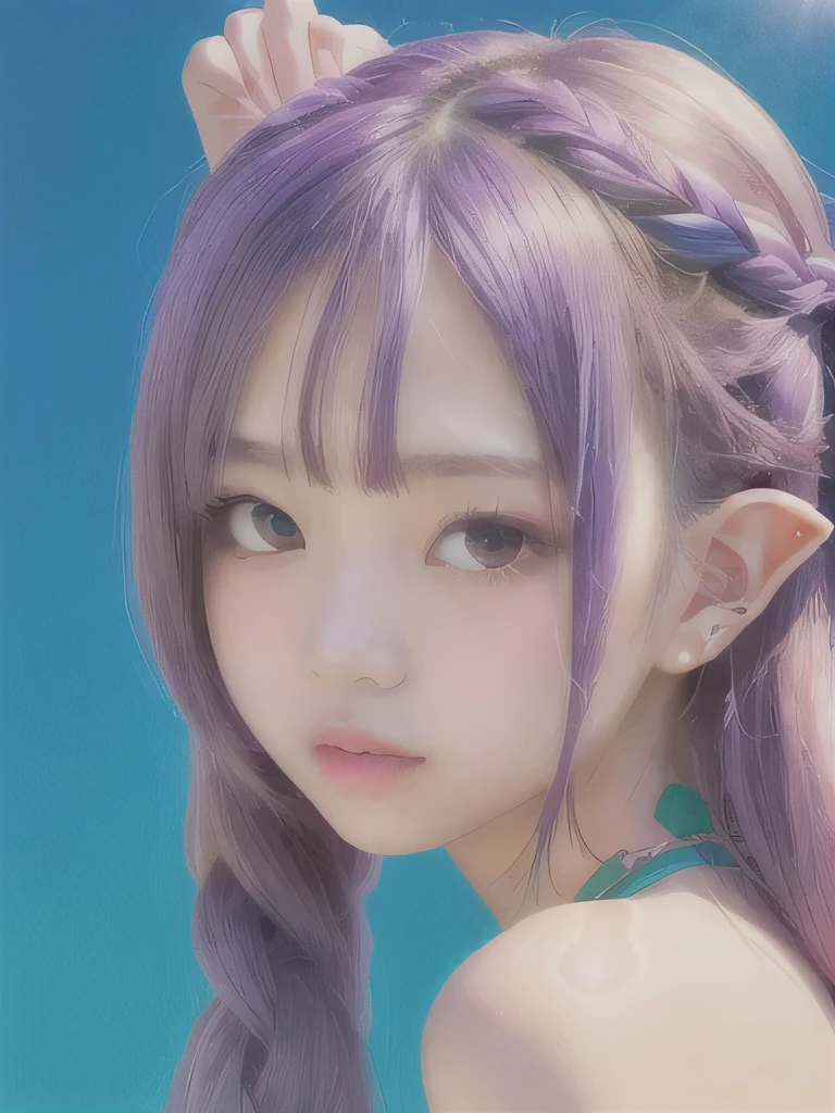 live-action、Realistic、A young girl standing in the grass、The age is6age、16K、naked、Small breasts、completely naked、twin tails、bright purple hair、blue eyes、Purple Hair、elf ears、clavicle、young girl、completely naked、naked、young girl、Braid、ponytail、nipple、ethnic tattoo on neck、upper body close-up、ethnic tattoo、tattoo、tattoo on neck、