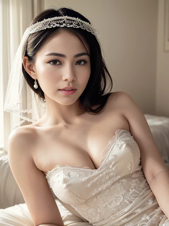 (best quality,ultra-detailed,realistic:1.37),portrait,soft lighting,wedding dress,floating veil,delicate lace,romantic atmosphere,peaceful expression,fresh flower bouquet,elegant hairstyle,vintage decor,endless white sheets,satin bedding,subtle makeup,bright natural light,serene ambiance,warm color tones,luxurious setting,gentle breeze,gentle morning dew,calming background,sublime beauty,feminine charm,graceful pose,relaxing environment,elegant simplicity,serenity,tranquility,classic elegance,beauty in stillness,artistic composition,intimate moment,detail-oriented craftsmanship,classic romance,enchanting gaze,subdued palette,subtle textures,timeless aesthetics,tender emotions,ethereal beauty,fine art,sublime perfection,effortless elegance