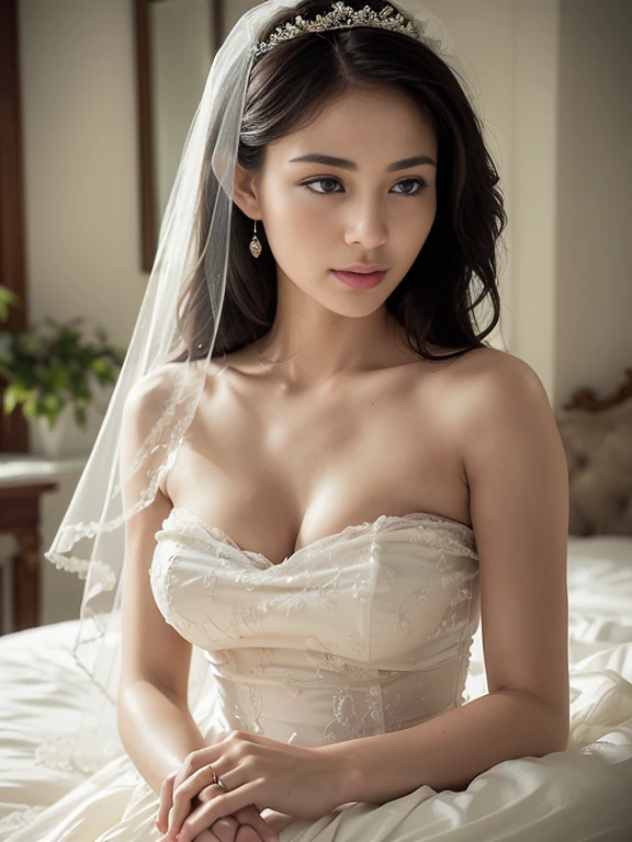 (best quality,ultra-detailed,realistic:1.37),portrait,soft lighting,wedding dress,floating veil,delicate lace,romantic atmosphere,peaceful expression,fresh flower bouquet,elegant hairstyle,vintage decor,endless white sheets,satin bedding,subtle makeup,bright natural light,serene ambiance,warm color tones,luxurious setting,gentle breeze,gentle morning dew,calming background,sublime beauty,feminine charm,graceful pose,relaxing environment,elegant simplicity,serenity,tranquility,classic elegance,beauty in stillness,artistic composition,intimate moment,detail-oriented craftsmanship,classic romance,enchanting gaze,subdued palette,subtle textures,timeless aesthetics,tender emotions,ethereal beauty,fine art,sublime perfection,effortless elegance