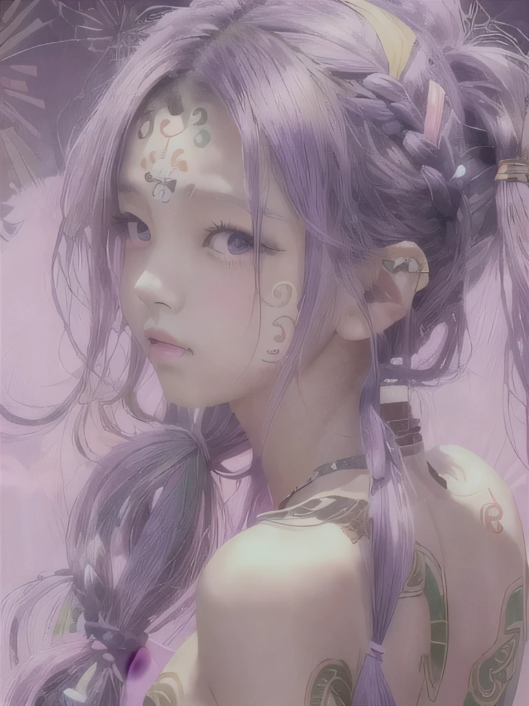 live-action、Realistic、A young girl standing in the grass、The age is6age、16K、naked、Small breasts、completely naked、twin tails、bright purple hair、blue eyes、Purple Hair、elf ears、clavicle、young girl、completely naked、naked、young girl、Braid、ponytail、nipple、Ethnic tattoo on neck、upper body close-up、ethnic tattoo、