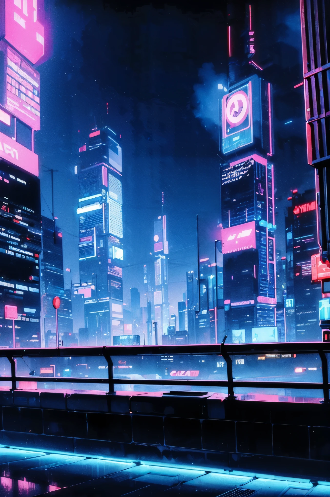 ((Cyberpunk future)), image of the center of a cyberpunk city, surrounded by buildings with a river in the middle, ferry in the city, yellow ferry, point crossing the city, advertising signs everywhere, retro future