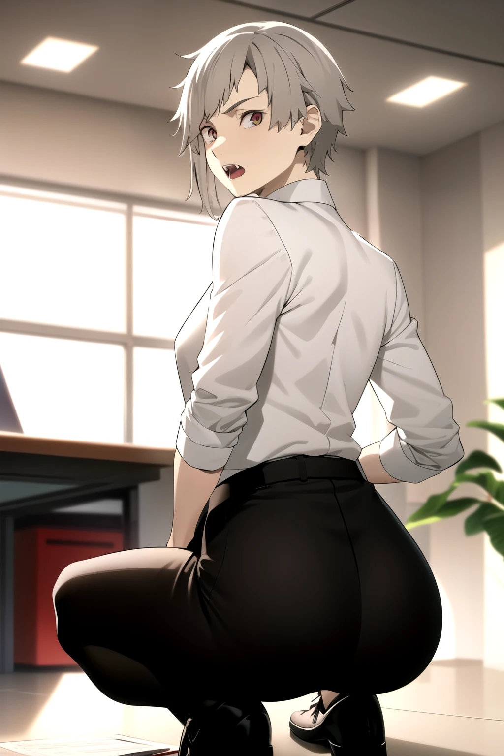 masterpiece, best quality, high quality, 1boy, solo, male focus, looking at viewer, nakajima_atsushi, grey hair, (office uniform: 1.2), t-back side binding, de costas para o espectador, olhando para o espectador, de baixo, nadegas a mostra, squatting de costas, from behind, squatting, virilha exposta, sexual expression, fangs