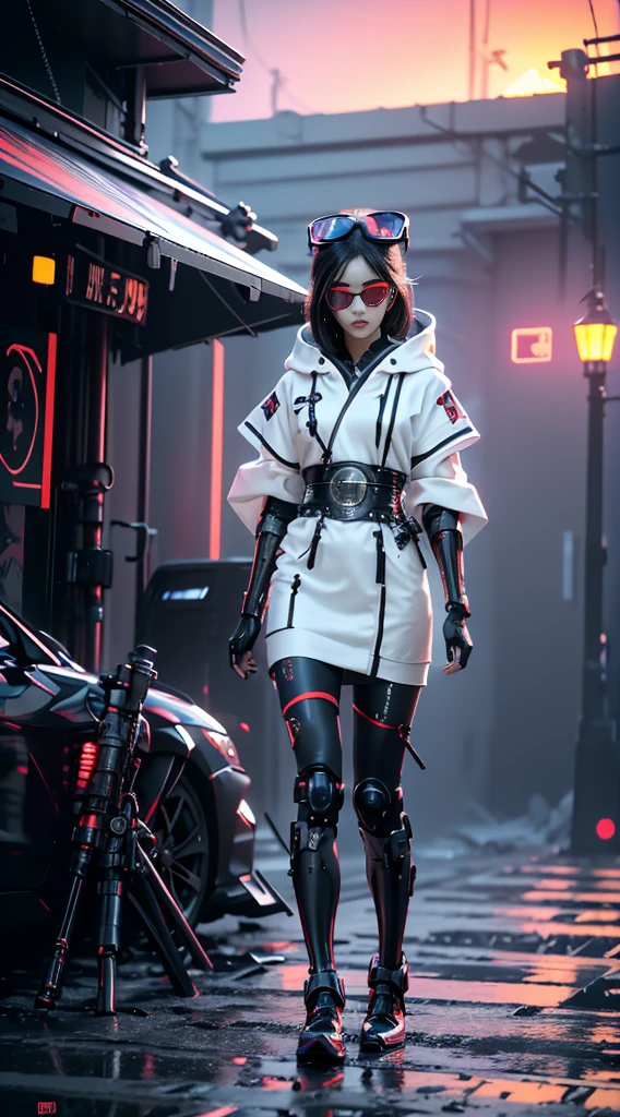 derpd, lethal geisha cyborg assassin wearing hooded white kimono & armor, futuristic ski sunglasses, danger, red-yellow sky, post apocalyptic art, neon horror, sci-fi, glitchcore, cgsociety, modern european ink painting, androgynous, mixed media, dystopian art, black and Neon cosmic art, analog horror, nightmarefuel, space punk, glitchcore, hauntingly beautiful, beautifully ominous. A world class female cyborg in stunning HD, world class art, unique, modern masterpiece, exceptional, exquisite, dark fantasy, apocalypse art, calotype
