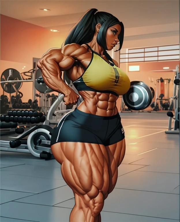 digital painting, 4k, babes, there is a woman that is standing em uma academia room, mulher em forma, mulher fisiculturista, apta, mulher musculosa e exausta, becomes a curvy physique, foto adequada, em uma academia, garota musculosa, exaggerated physique, coxas musculosas, corpo fitness ifbb, feminine and muscular, foco no torso, Modelo de fitness, Physical aptitude, exaggerated muscular physique, corpo tonificado