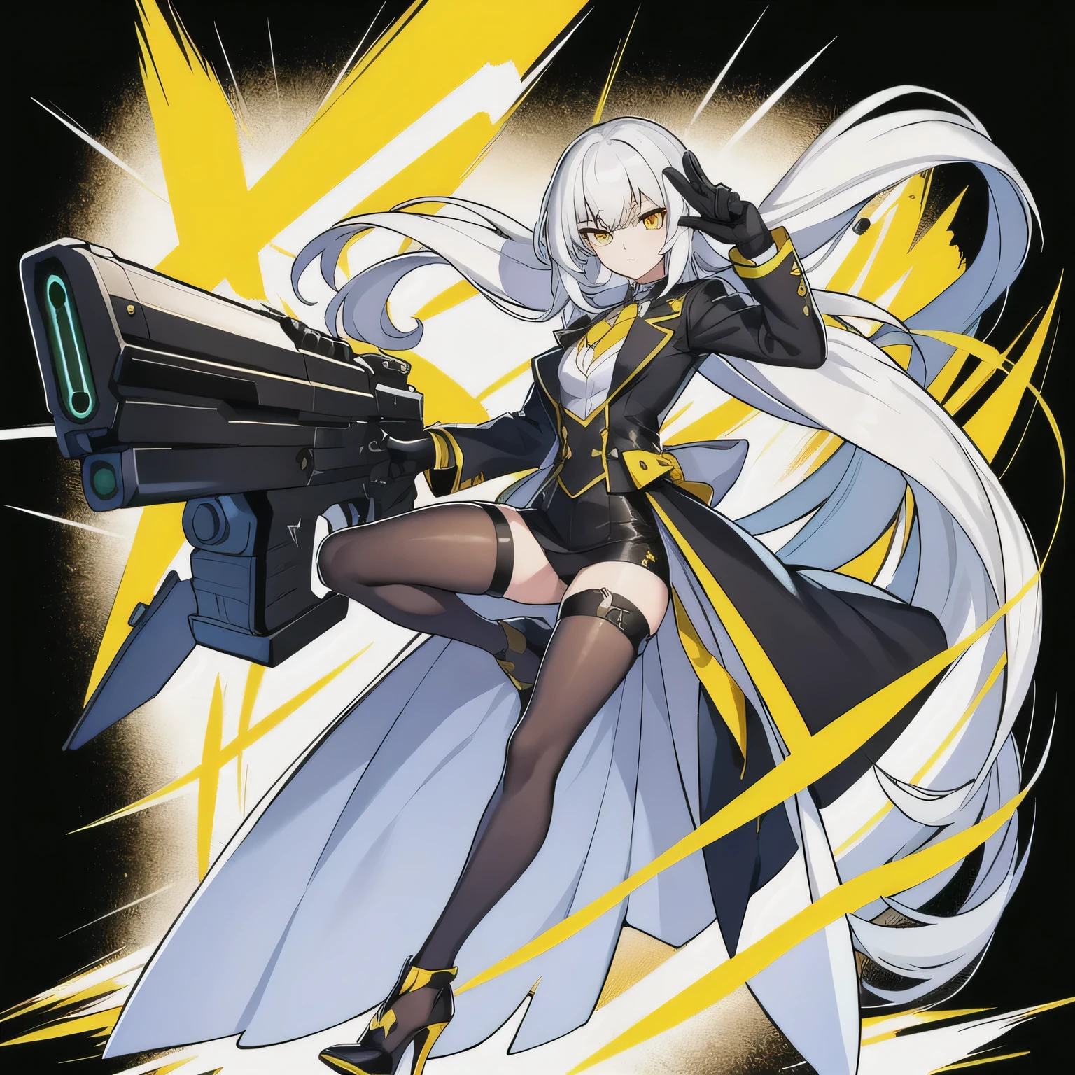 masterpiece, best quality, 1girl, solo, long hair, white hair, looking at viewer, bangs, gloves, suit, point at head, closed mouth, jacket, full body, yellow eyes, pistol, long sleeve, black gloves, black footwear, black suit, arm up, pistol aim head, high heels, white background