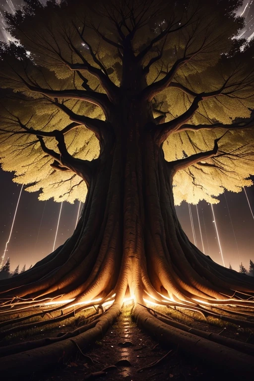 The tree is the central point of the image. She's big, robust and healthy, com detalhes em galhos e tronco, Even in the darkness of the night.The roots of the tree are deep and strong, diving into the ground to impart stability and solid foundation. They intertwine with the land.The environment around the tree is dark and imposing., Conveying mystery and power. The tree stands out in the darkness of the night.Lighting and Night Colors: The lighting is gentle and subtle, highlighting the details of the tree and the night environment. Colors are black and white, with deep green for the leaves and dark, blackish brown for the trunk and roots.Its roots are viable even when immersed in the dark soil of the night.