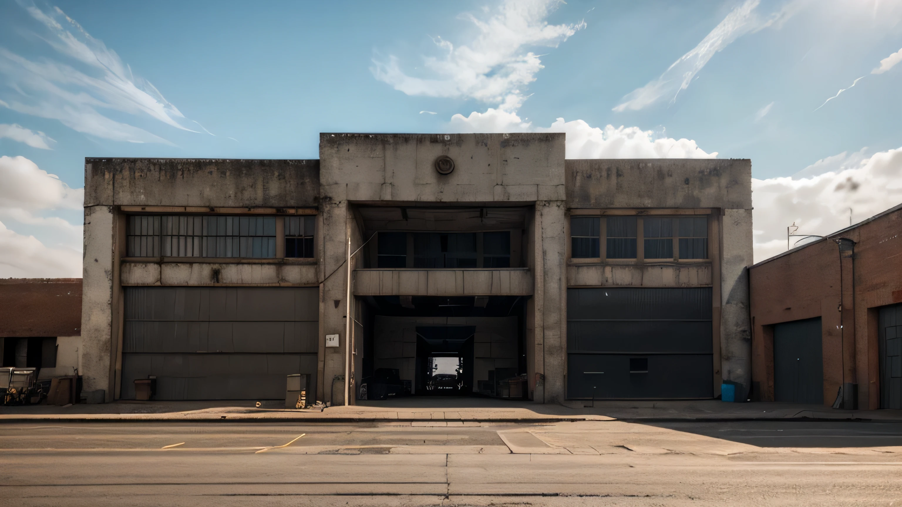 big factory building , front view, cinematic daylight