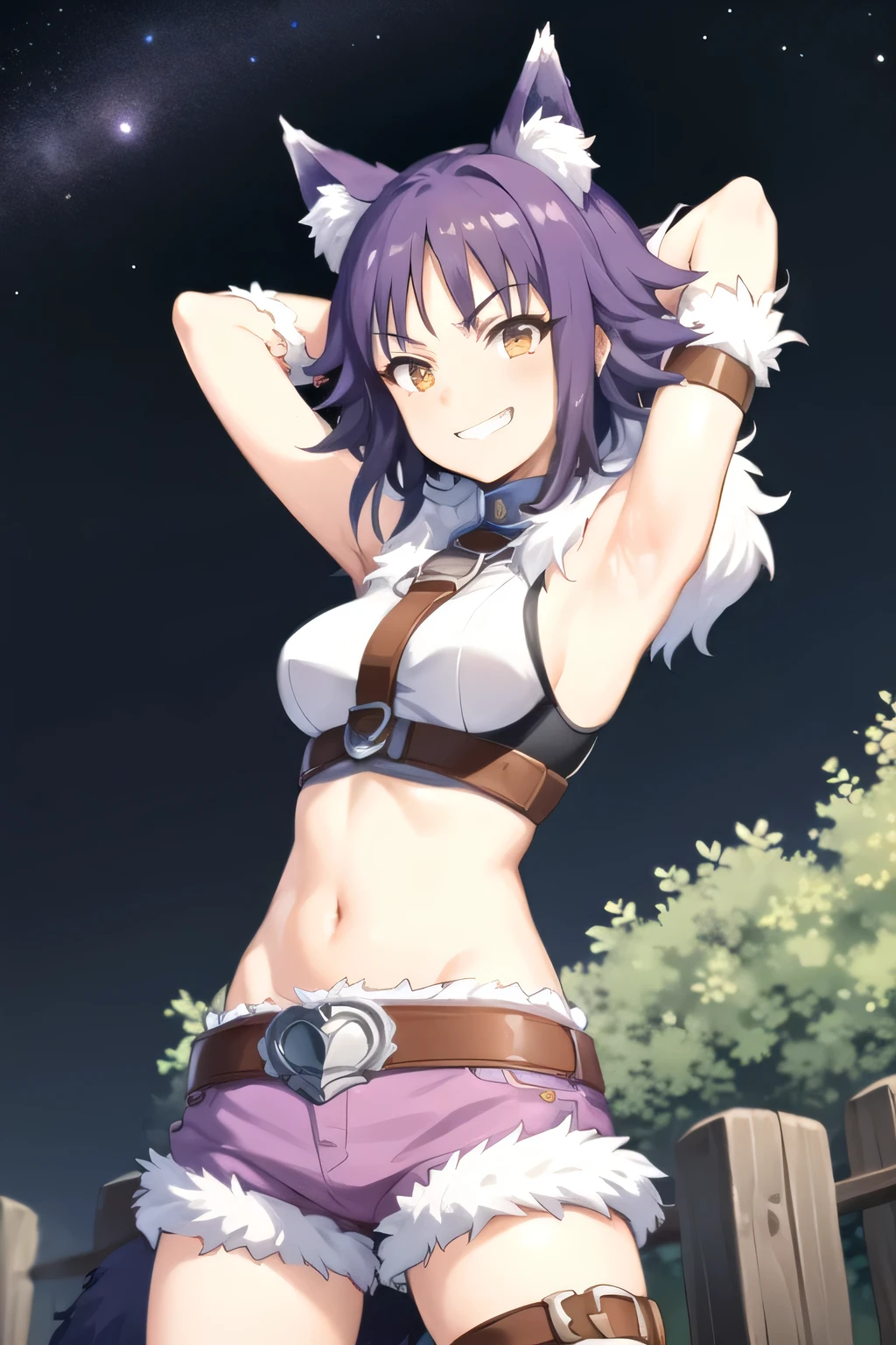 best quality, masterpiece, detailed,
Makoto,
1girl, closed mouth, grin,
purple hair, medium hair, brown eyes, wolf ears, sidelocks,
crop top, sleeveless, fur trim, purple shorts, metal collar, elbow gloves, arm belt,
solo, upper body, night sky, forest, arms behind head, contrapposto, spread armpits, smile