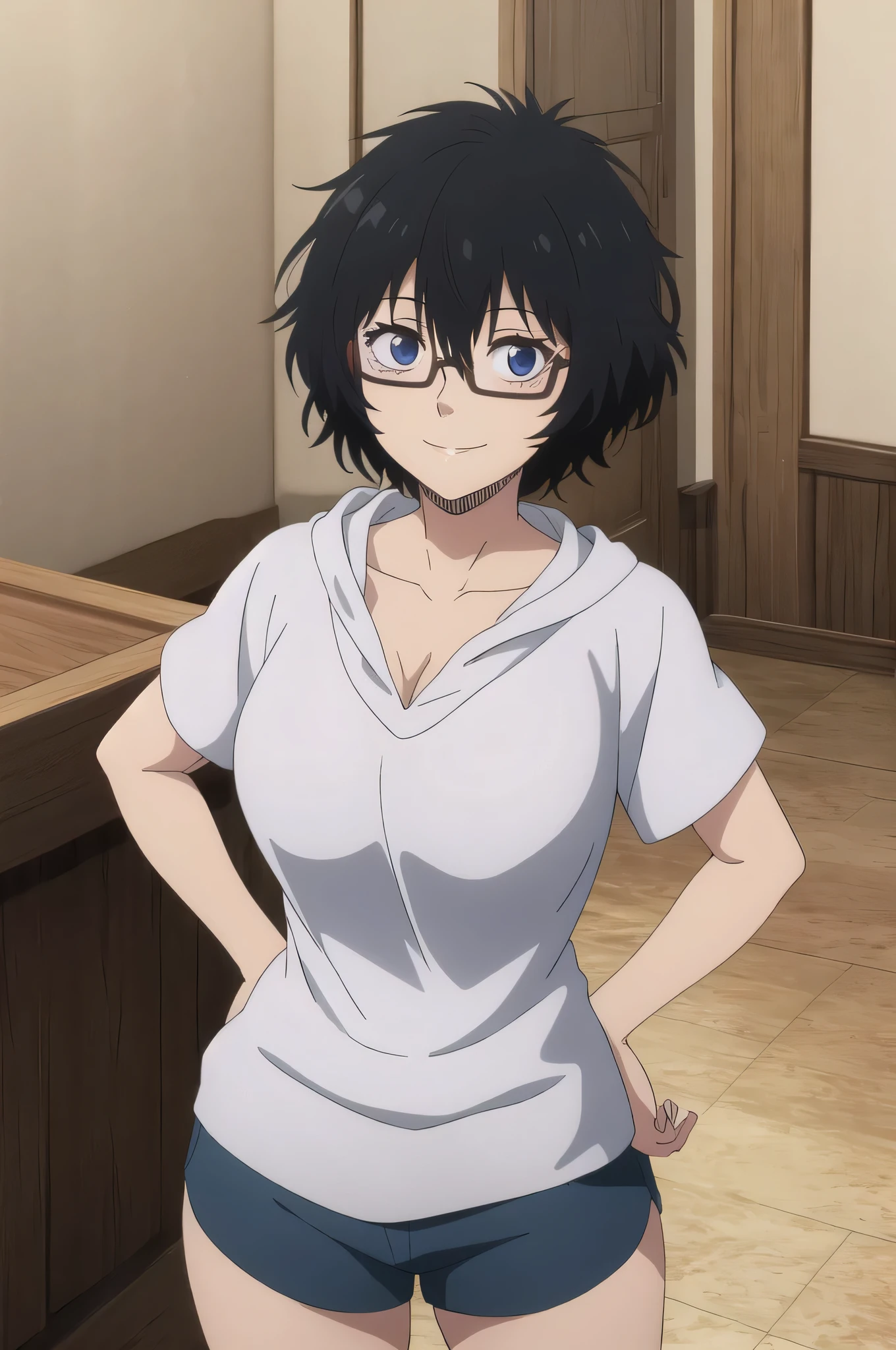 ((best quality)),((highly detailed)),masterpiece,absurdres,detailed face,beautiful face,(detailed eyes, deep eyes),1girl,  Sally, solo, black hair, glasses, short hair, blue eyes,messy hair, red sweatshirt, short sleeves, smile, shorts, collarbone, looking at viewer, hair between eyes, scar, huge breasts, hands on hips, in a living room 