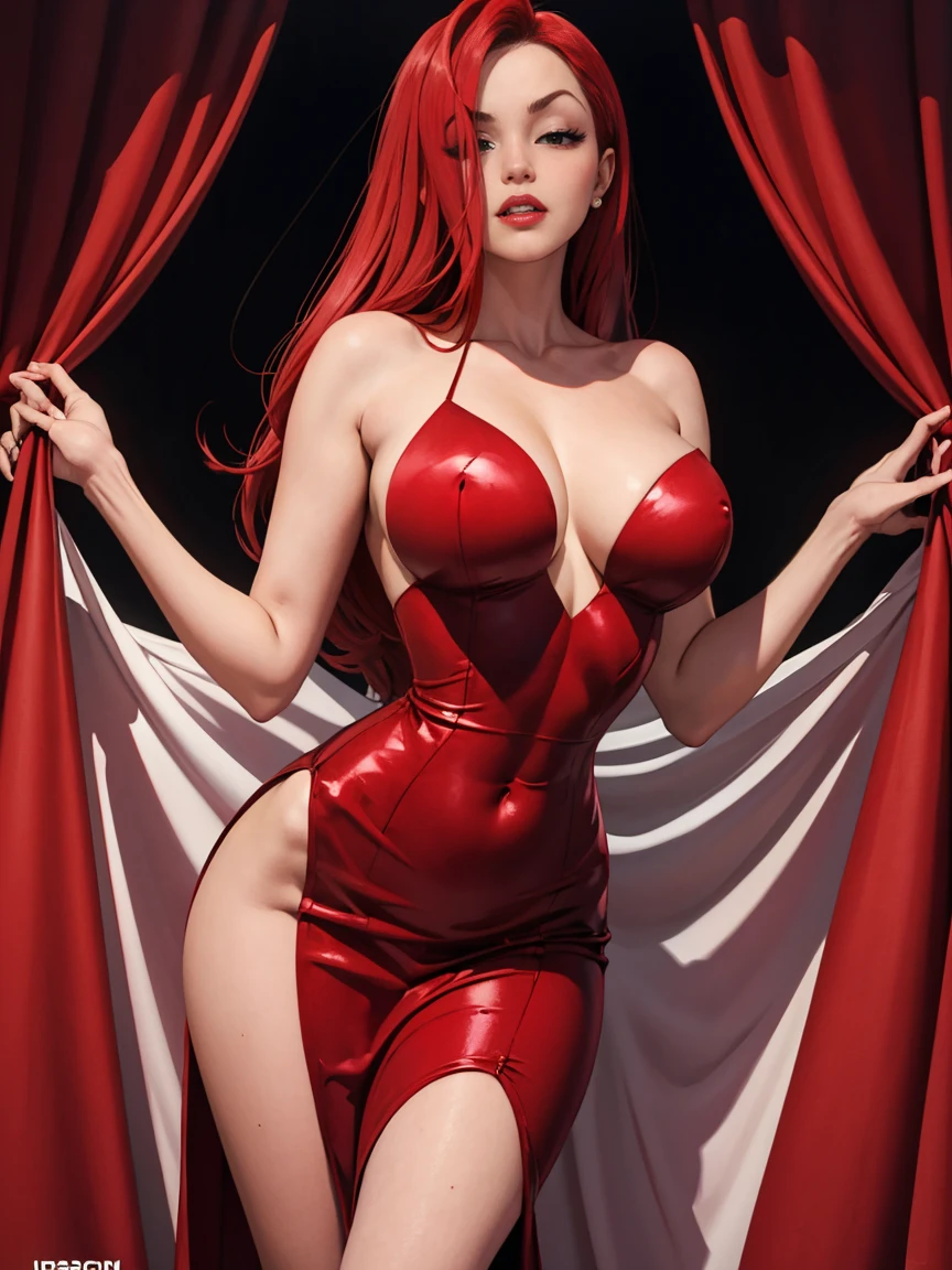 Jessica Rabbit with a big  in a red dress, high cut out,