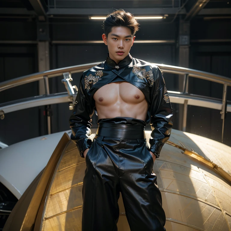 photo of a handsome (korean man), ((futuristic fashion show)), (Supermodel), runway, (smirk:0.7), coiffed hairstyle, (oily skin), (looking at viewer), fashion model posing, b0ndage, ((bondage strap outfit)), male focus, dynamic movement, (ultra realistic, masterpiece, hdr, intricate details, detailed background, depth of field), dynamic pose, dynamic angle. full length shot(fls) , big thighs , big hips , insane details, hyper details , photorealistic , only male , handsome boy , fat buttock , puffy nipples , 16k resolution , ultra-high clarity , hyperrealism, uhd,. K-pop, whore , slutty whore , swollen nipples , grins