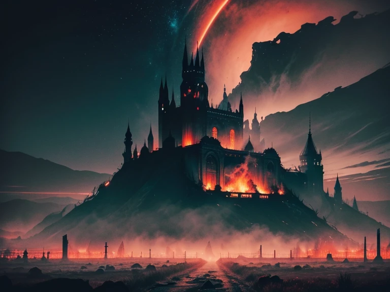 an unnatural twisted liminal horrific landscape with dark red and dark blue lighting, horror aesthetic, ruined land, destroyed gothic city, blue fires, endless graves, starry sky, earie fog swirling, crimson sky,