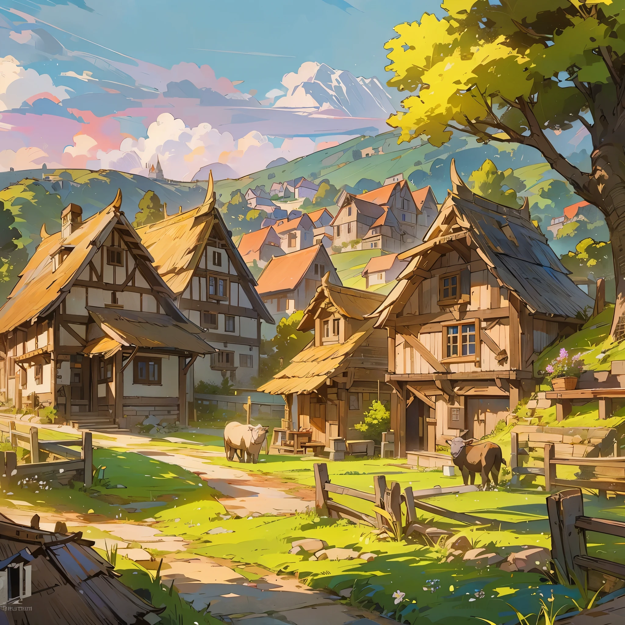 a village in a(european medieval village)，There are chalets，There are farmers farming，There are cows，There are sheep，There is farmland。Medium shot composition，Panorama pictures，Scene screen，game concept art style，Anime illustration style，HD，4K。