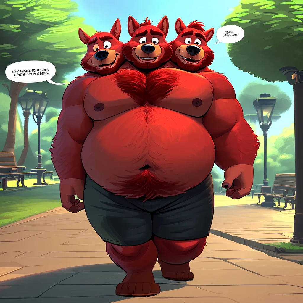 solo, (welsh corgi), three heads one body, three headed identical conjoined triplet brothers, (adult male, 50 year old male, (detailed eyes:1.2, cartoon eyes), (stylized 3d, by disney, by rembrandt), by pixar, by dramamine, (burly, manly, beefy, obese:1.3, red fur, bald, beard)), park background, (shirtless, black athletic shorts), correct hands, (cartoon eyes, small dark pupils, masculine eyes, narrow eyes, six eyes), (ultradetailed, best quality, detailed masterpiece, highly detailed masterpiece, 4k, professional cartoon), ((natural pose:1.3, walking:1.3)), (((dadbod))), ears, ((talking:1.3, speech bubbles:1.3))