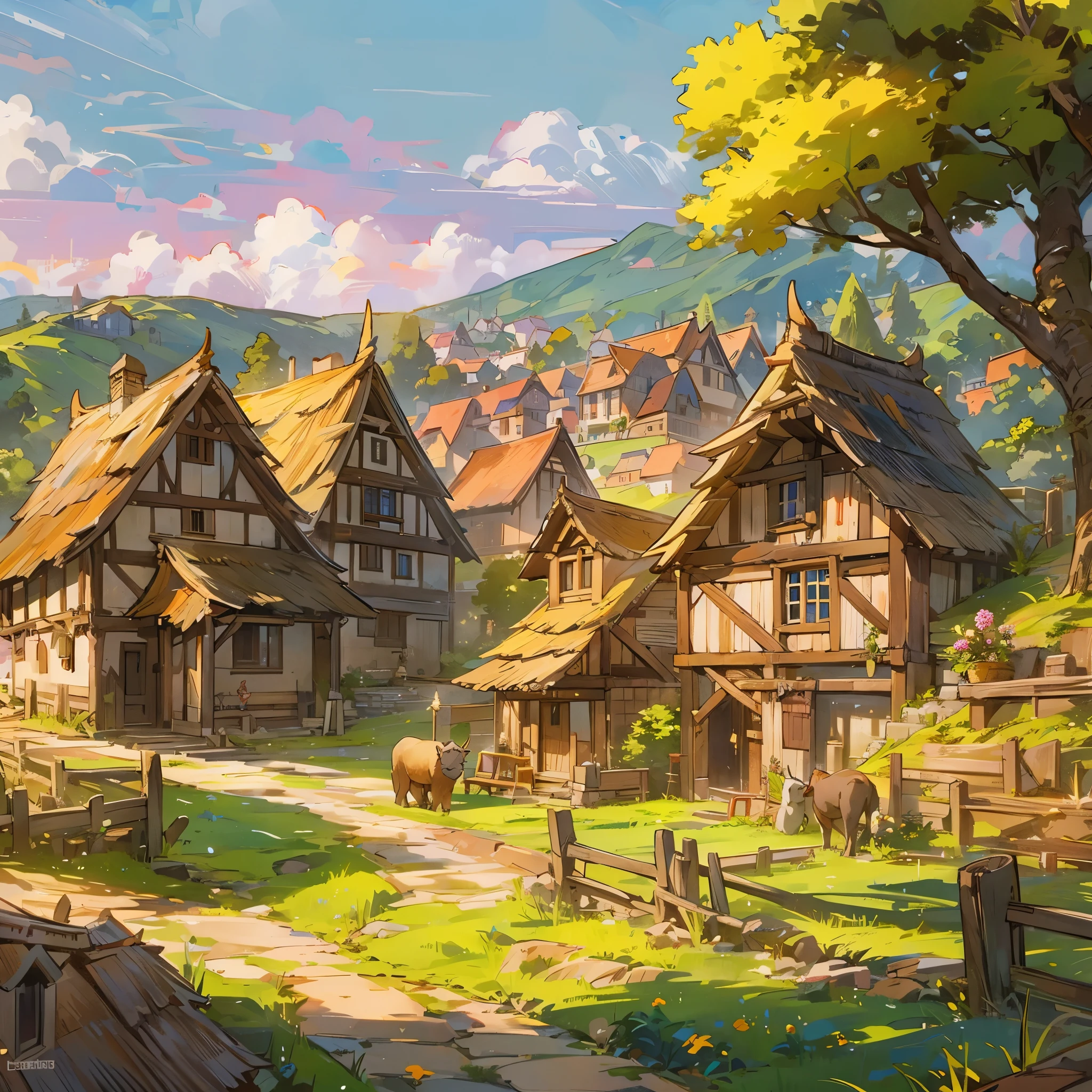 a village in a(european medieval village)，There are chalets，There are farmers farming，There are cows，There are sheep，There is farmland。Medium shot composition，Panorama pictures，Scene screen，game concept art style，Anime illustration style，HD，4K。