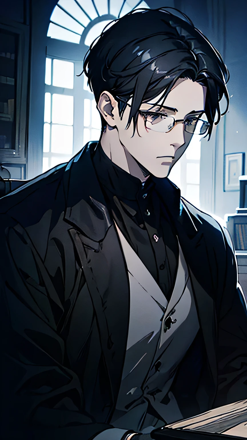 man, (black hair slightly shorter than the shoulders fluffy haircut curtains: 1), gray eyes, round silver glasses, gloomy lighting, library, calm facial expression),illustration, detailed and realistic, high resolution, concept artist, muted color palette, batler, dark light, gloomy lighting, anime style