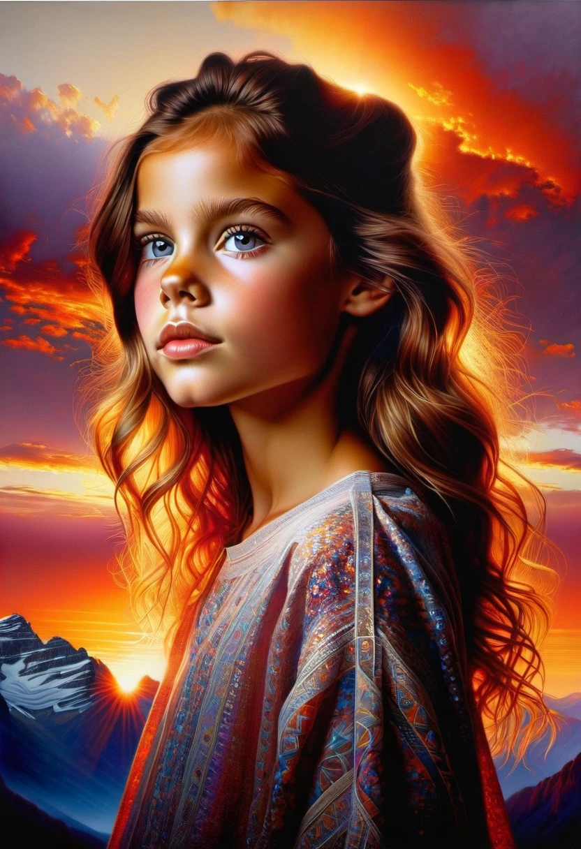 A captivating portrait of a young girl by Chuck Close, gaining popularity on DeviantArt.A mesmerizing sunset over the mountains by Thomas Moran, trending on Behance