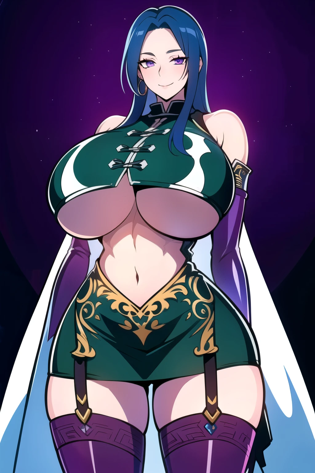 ultra realistic 8k cg, masterpiece, (( intricate detail, highly detailed, fine details best quality, hyperdetailed face)), gigantic breasts ,beautiful lighting, absurdres, BoaHancockV2, 1girl, solo, ( Blue hair), long hair, jewelry, closed mouth, ), (chinese dress, (underboob : 1.4), elbow gloves, thigh boots, split skirt, bare shoulders, curvy, midriff, curvy, thighs, shiny clothes), violet eyes, (complex detailed background, inside, luxury palace), ((cowboy shot)), curvy, (gigantic breasts: 1.1), seductive smile, cowboy shot,