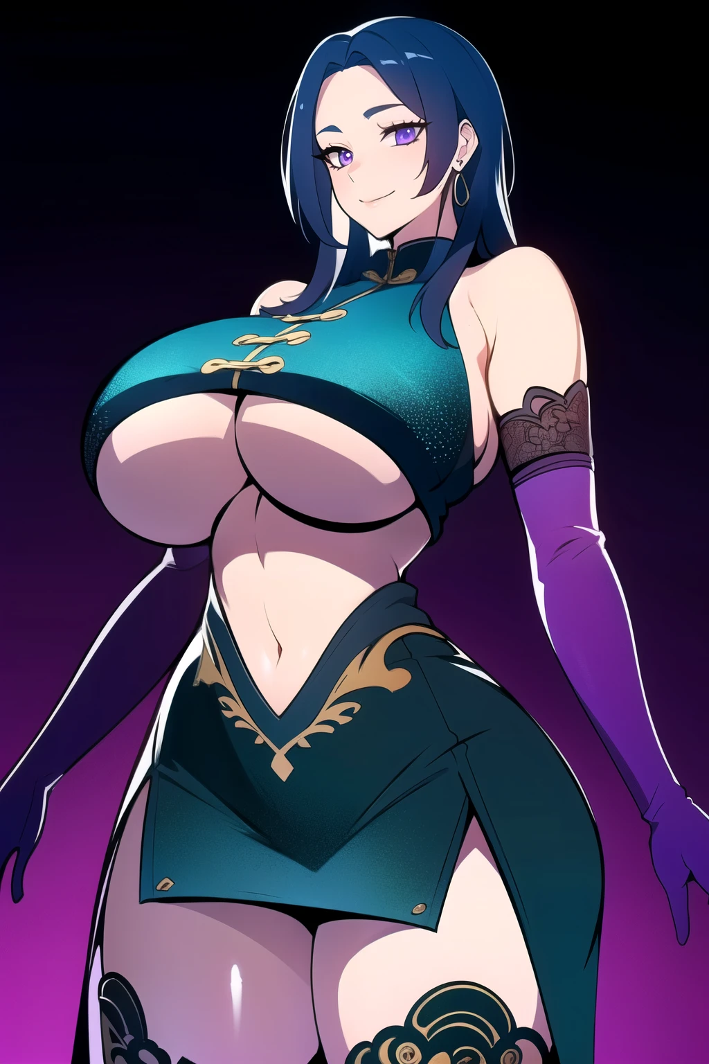 ultra realistic 8k cg, masterpiece, (( intricate detail, highly detailed, fine details best quality, hyperdetailed face)), gigantic breasts ,beautiful lighting, absurdres, BoaHancockV2, 1girl, solo, ( Blue hair), long hair, jewelry, closed mouth, ), (chinese dress, (underboob : 1.4), elbow gloves, thigh boots, split skirt, bare shoulders, curvy, midriff, curvy, thighs, shiny clothes), violet eyes, (complex detailed background, inside, luxury palace), ((cowboy shot)), curvy, (gigantic breasts: 1.1), seductive smile, cowboy shot,