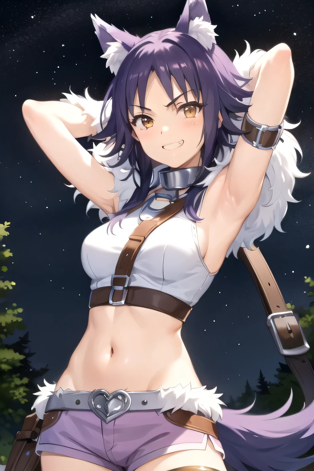 best quality, masterpiece, detailed,
Makoto,
1girl, closed mouth, grin,
purple hair, medium hair, brown eyes, wolf ears, sidelocks,
crop top, sleeveless, fur trim, purple shorts, metal collar, elbow gloves, arm belt,
solo, upper body, night sky, forest, arms behind head, contrapposto, spread armpits, smile