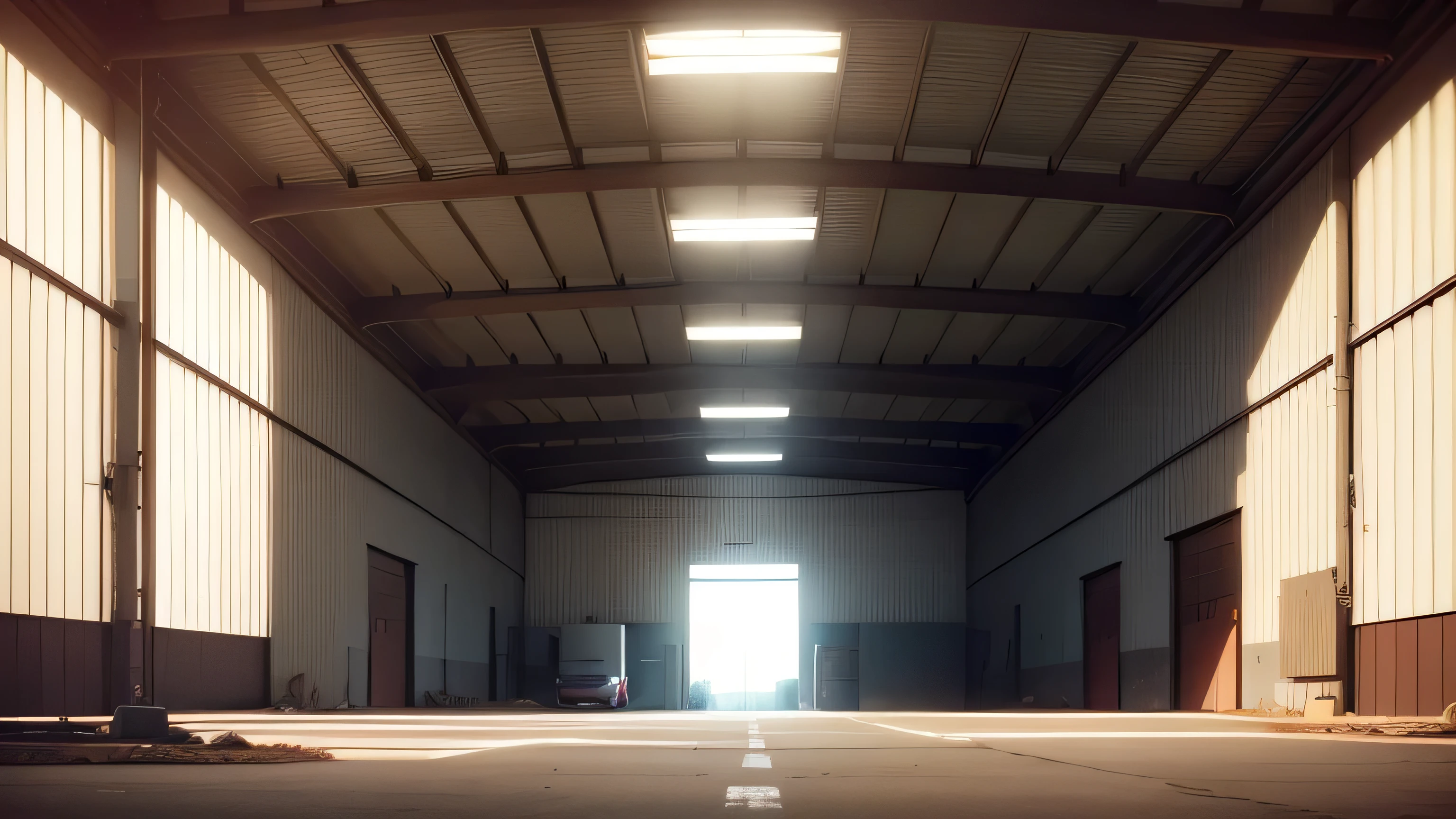 big factory building with a big empty parking lot, front view, cinematic daylight