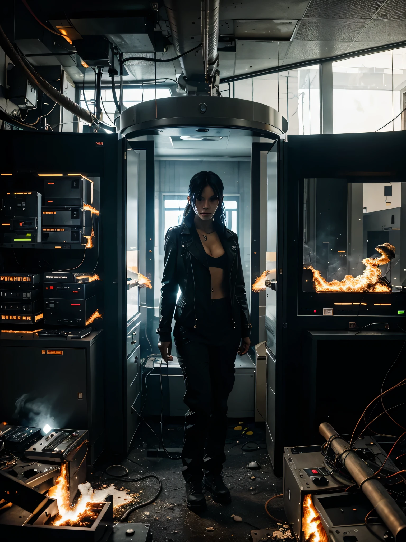 Photo realistic, Cyber looking person showing off the AT&T complex computer room with units explode and burn , smoking units with wires going everywhere.