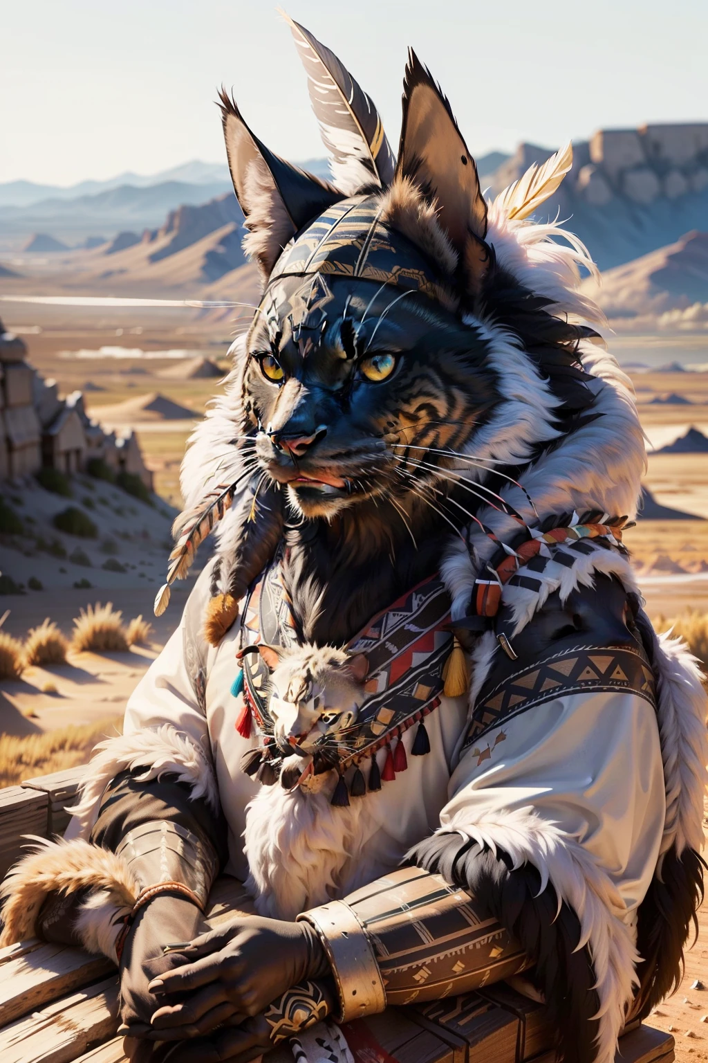 A black anthropomorphic cat, with a full face expression, sits proudly on a rugged wooden chair. Dressed in the traditional attire of Native American tribes, the cat wears a feather headdress, adorned with vibrant feathers, and intricate war paint patterns on its face. Its eyes are intensely focused, and its piercing gaze conveys a sense of wisdom and stoicism. The scene is set against a backdrop of a Western-style landscape, with sun-kissed plains stretching out as far as the eye can see.