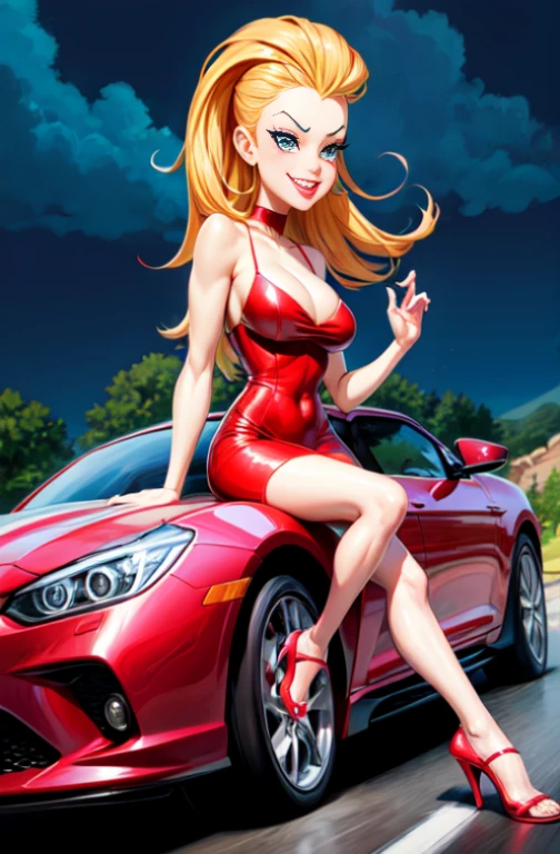 digital painting, 4k, babes, a cartoon of a woman in a red dress sitting in a purple car, caricature style, caricature illustration, cartoon art style, in cartoon style, cartoon style illustration, cartoon style cartoon, cartoon digital art, cartoon digital painting, cartoon art style, stylized digital illustration, digital art cartoon, in digital illustration style, caricature, caricature!!!, cartoon portrait, car portraits